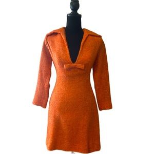 1960s Vintage Orange Tweed Bow Dress With removable mock neck insert